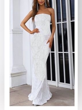 Strapless White Lace Evening wedding/prom Gown Sz Large
